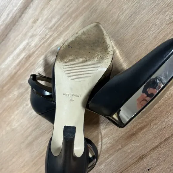 Nine West High-heeled Pumps Black W/ Metallic Gold Platform Pointed Closed Toe - Picture 7 of 9